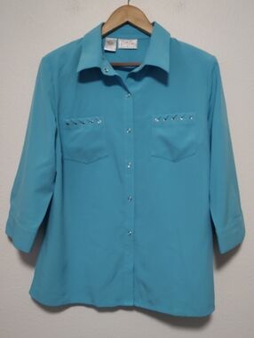 Kathy Che Turquoise 3/4 Sleeve Lace Pocket-Accent Snap-Front Shirt with Collar